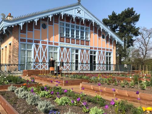 Vegetable and herb plots in front of a historic building